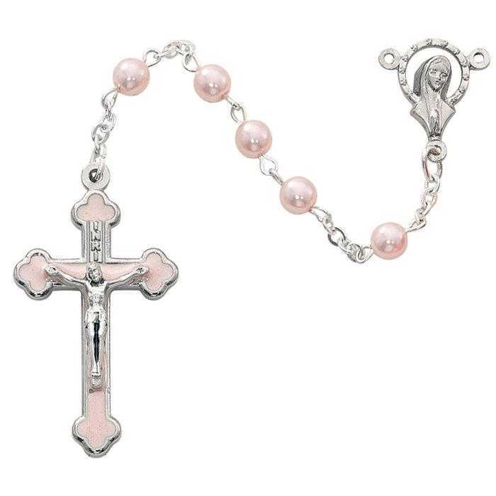 Child's Rosary Pink Pearl Beads and Enamel Crucifix