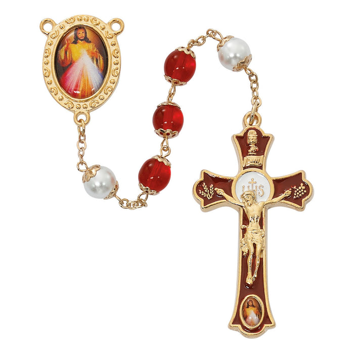 Rosary Divine Mercy 8mm Red and Pearl Beads