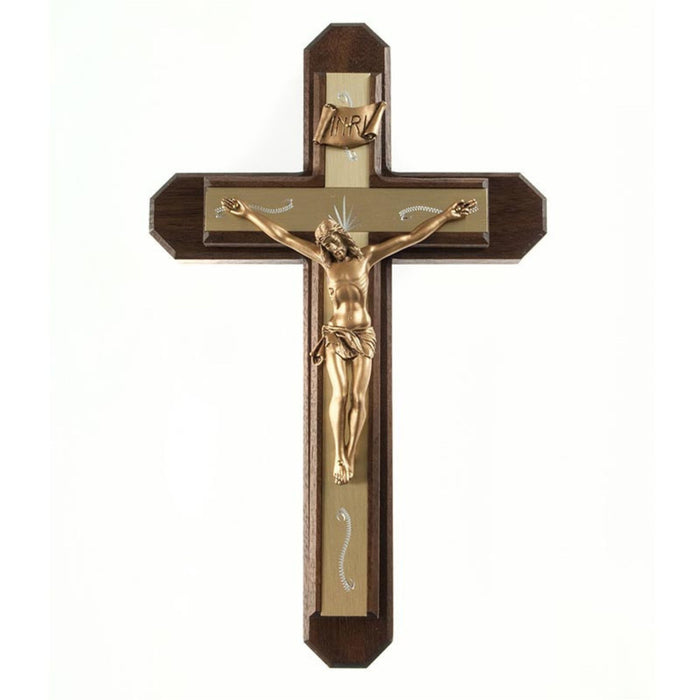 Sick Call Crucifix 13" Walnut with Gold Tone Inlay