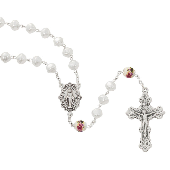 Rosary 8mm Pearl Beads with Ceramic Floral Our Father Beads