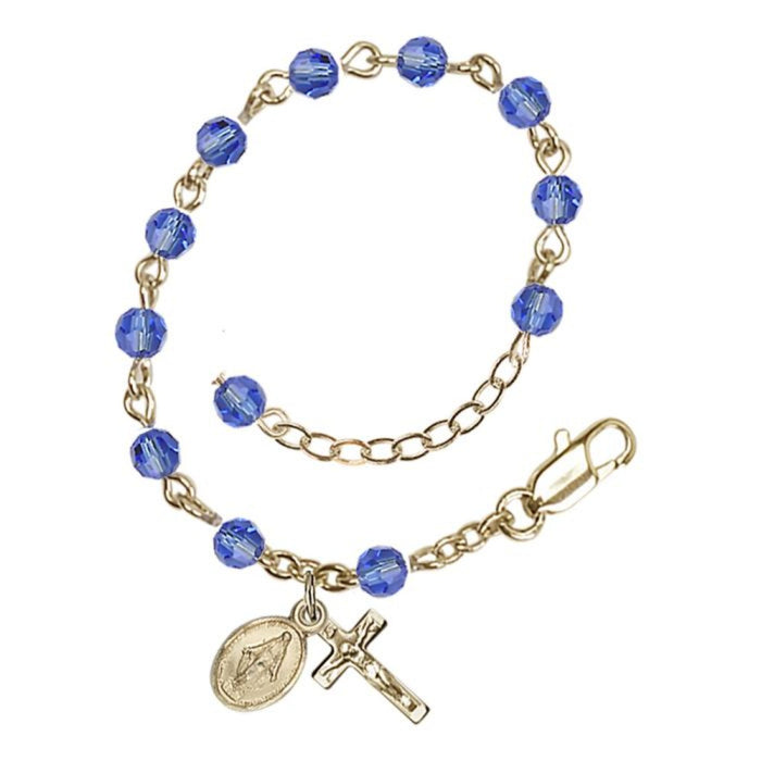 Child Rosary Bracelet Gold Plate in Sapphire Color Swarovski Beads
