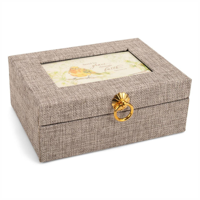 Music Box Saved By Grace 7.5" x 5.5" Gray Linen