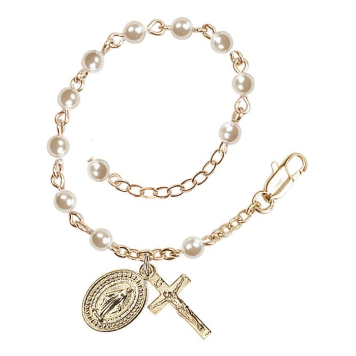 Child Rosary Bracelet Gold Plate Pearl Beads