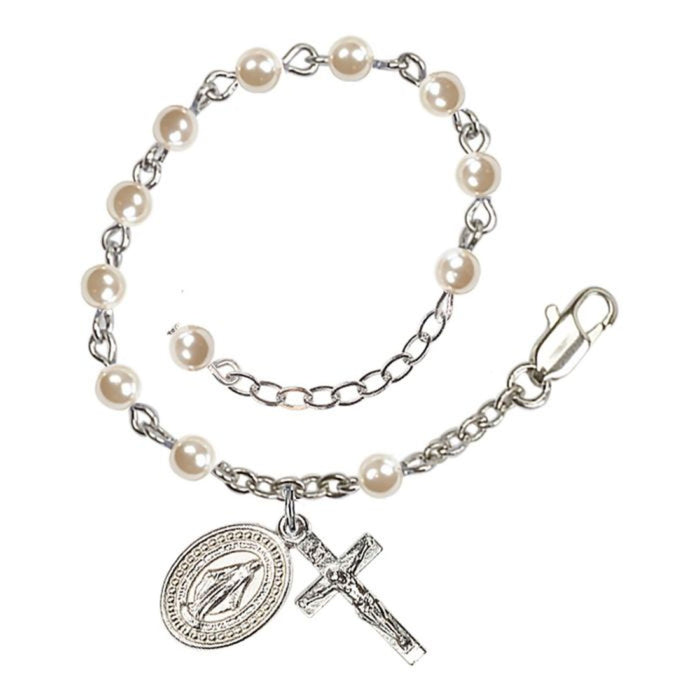Child Rosary Bracelet Silver Plate Pearl Beads