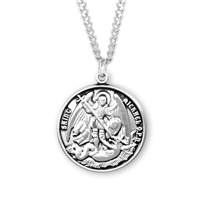 St Michael Medal Round Sterling Silver on 18" Chain