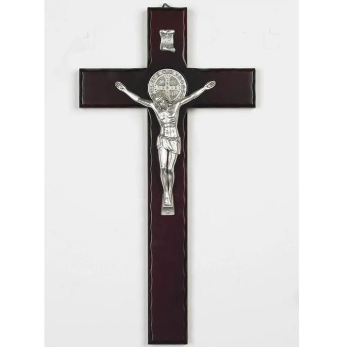 St Benedict Crucifix Cherry Wood with Silver Tone