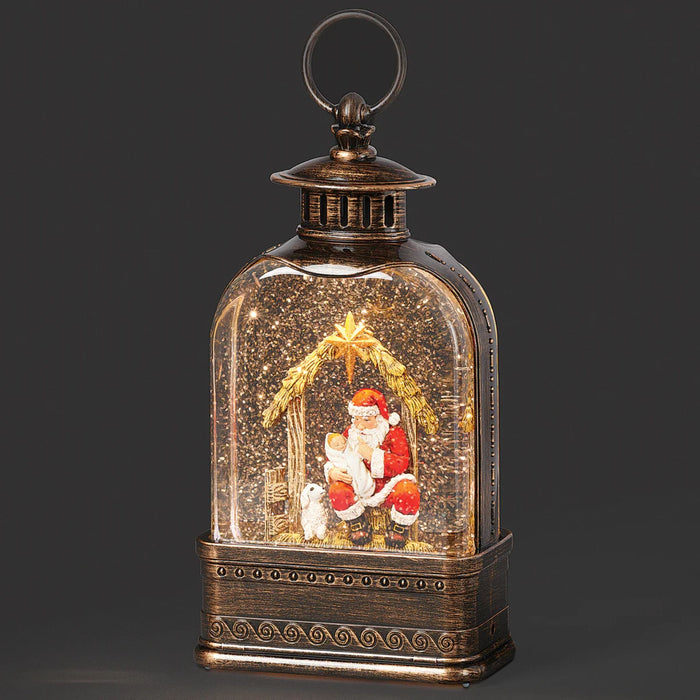 Kneeling Santa & Baby Jesus Lighted Swirl Lantern