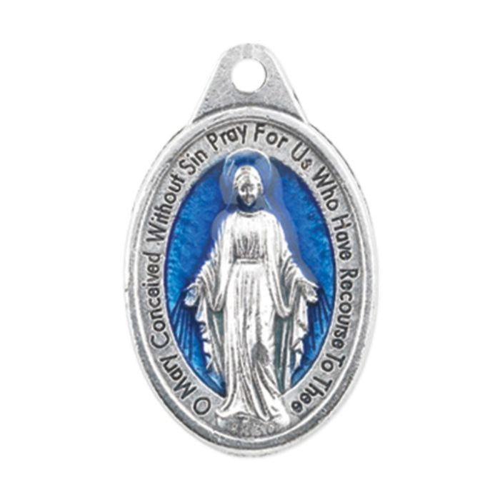 Miraculous Medal Antiqued Silver Finish with Blue Epoxy