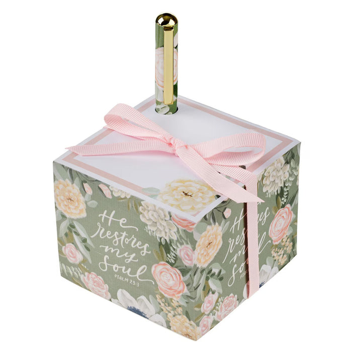 He Restores My Soul Green Floral Note Block and Pen Set