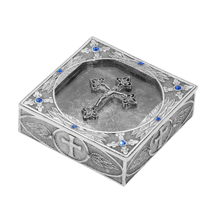 Pewter Sapphire Blue Austrian Crystal Crucifix Rosary Box