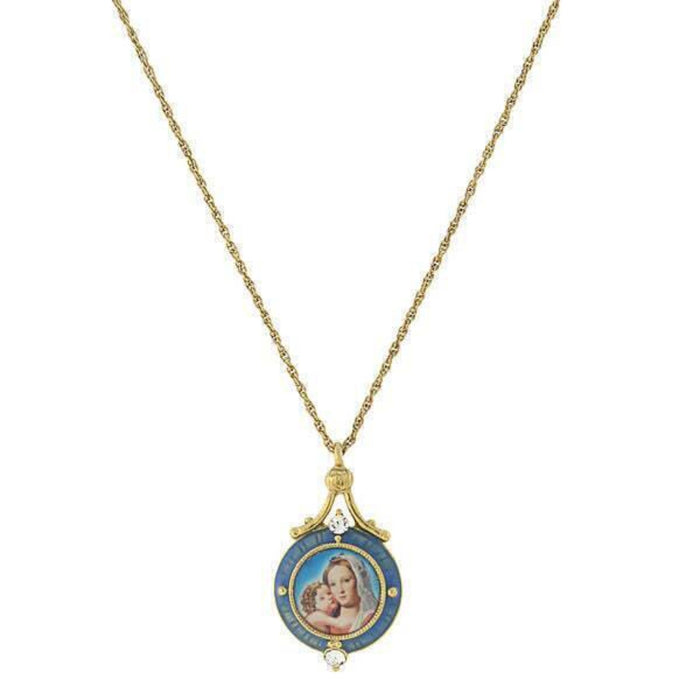 Madonna and Child with Blue Enamel Necklace 16" + 3" Extender