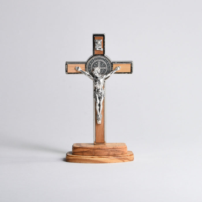 St Benedict 5.5" Standing Crucifix Olive Wood