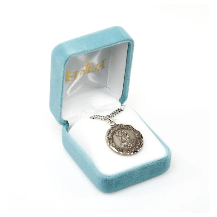 St Michael Medal Scalloped Edge Sterling Silver on 24" Chain