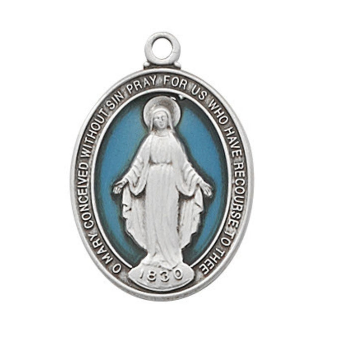Miraculous Medal Sterling Silver with Blue Epoxy 18" Chain