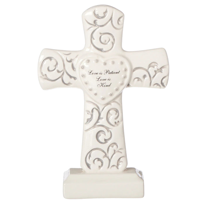 Standing Cross Porcelain 7.25" "Love is Patient"