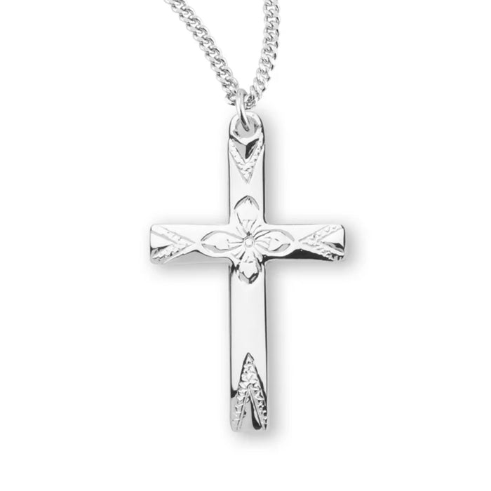 CROSS 0.9" FLOWER CENTER STERLING SILVER ON 18" CHAIN