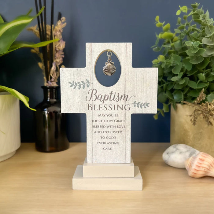 Baptism Blessing Standing Cross with Shell Charm