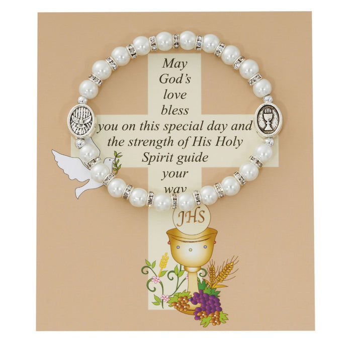 First Communion Bracelet White Pearl Beads with Card