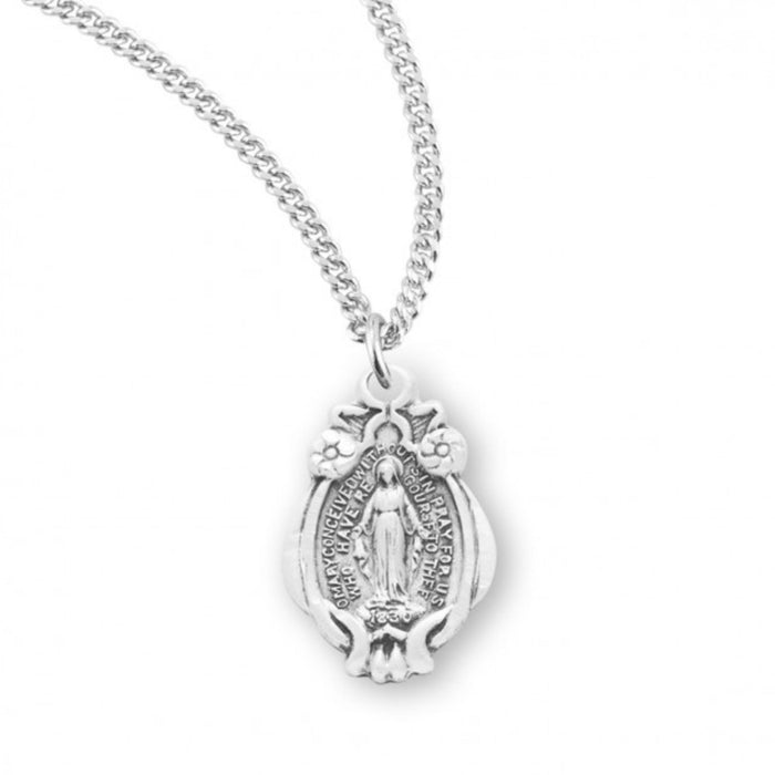 Miraculous Medal Flower Frame Sterling Silver on 18" Chain
