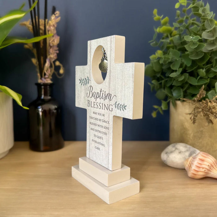 Baptism Blessing Standing Cross with Shell Charm