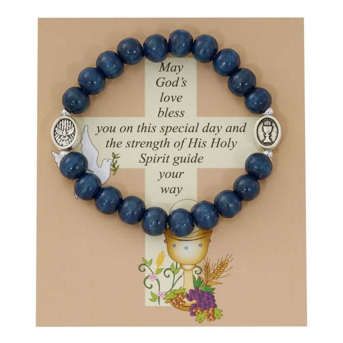 First Communion Bracelet Blue Beads with Card