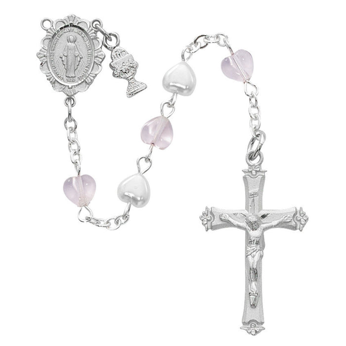 First Communion Rosary with Pink & White Heart Beads