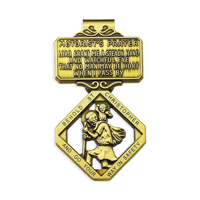 Visor Clip St Christopher in Brass with Motorist's Prayer