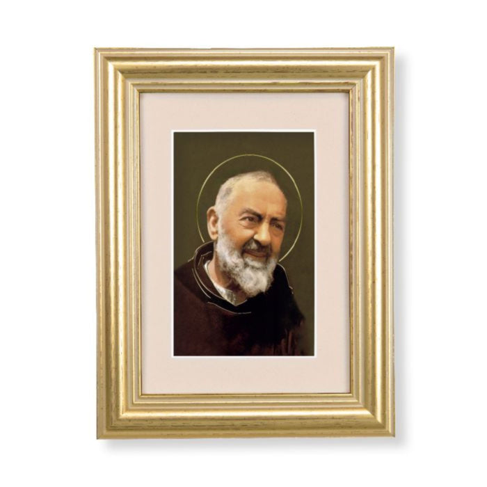 St Pio with Cream Matte in a Gold Leaf Frame