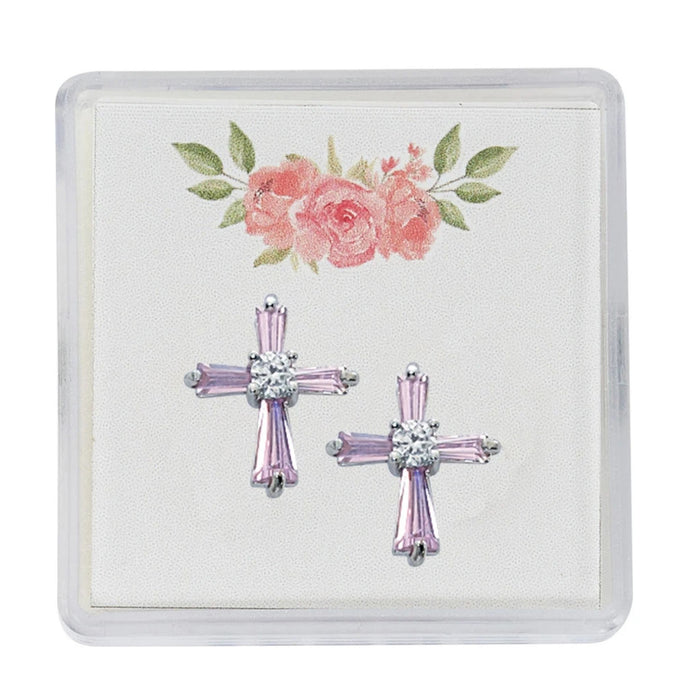 Earrings Pink Cubic Zirconia Crosses