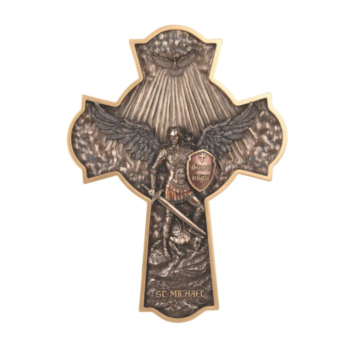 St Michael 10" Cross Plaque in lightly hand-painted cold cast bronze
