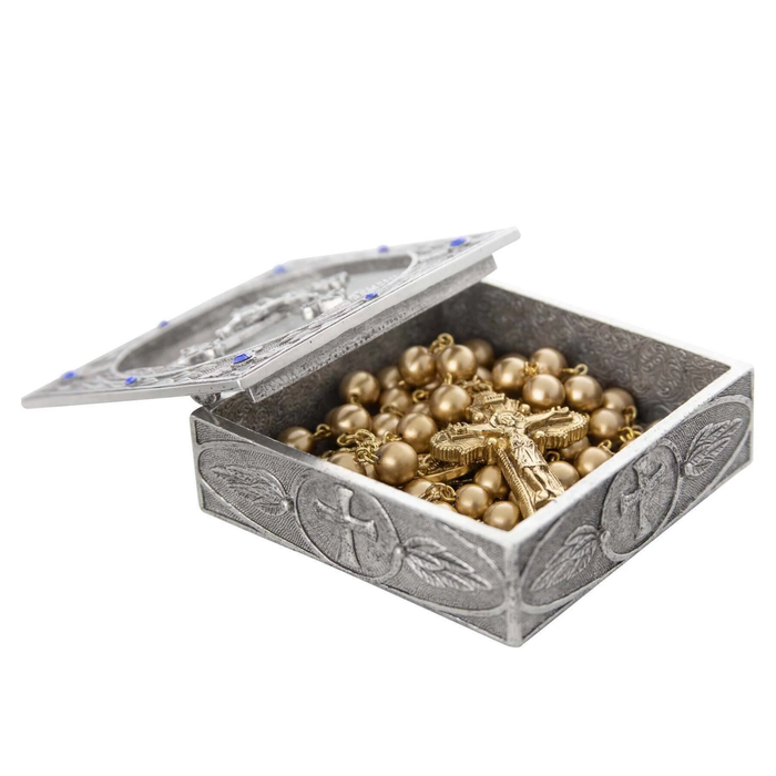 Pewter Sapphire Blue Austrian Crystal Crucifix Rosary Box