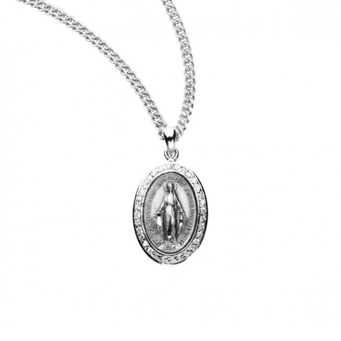 MIRACULOUS MEDAL - 15/16" CRYSTAL CZs ON ROUND SS - 18" CHAIN