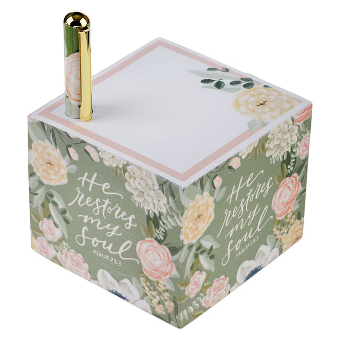 He Restores My Soul Green Floral Note Block and Pen Set