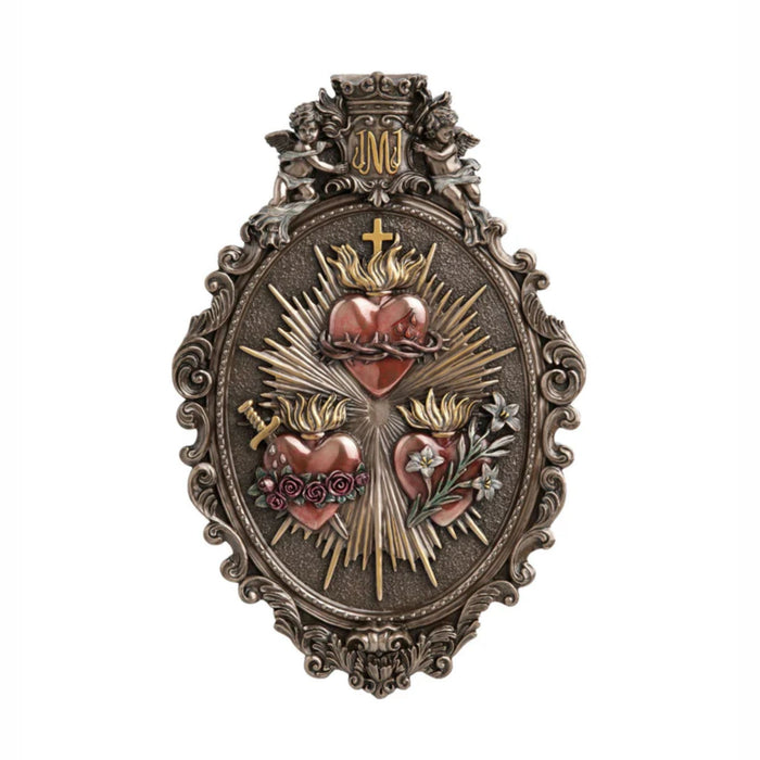 Three Hearts plaque in lightly hand-painted cold cast bronze