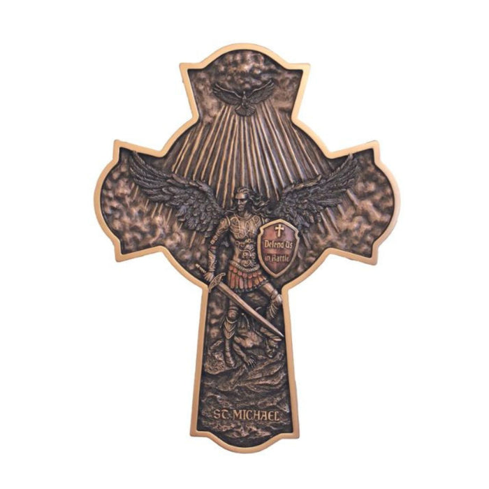 St Michael 16" Cross Plaque in lightly hand-painted cold cast bronze