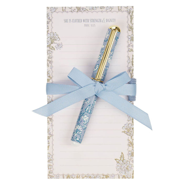 Strength and Dignity Blue Cottage Garden Notepad and Pen Set