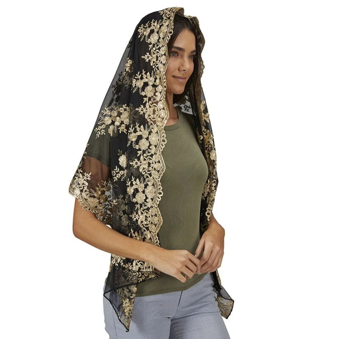 Two-Tone Black Lace Long Chapel Veil