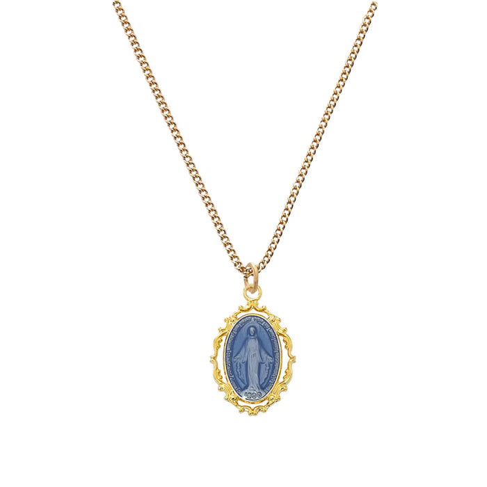 Miraculous Medal Gold Over Sterling with Blue Epoxy 18" Chain