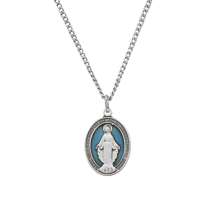Miraculous Medal Sterling Silver with Blue Epoxy 18" Chain