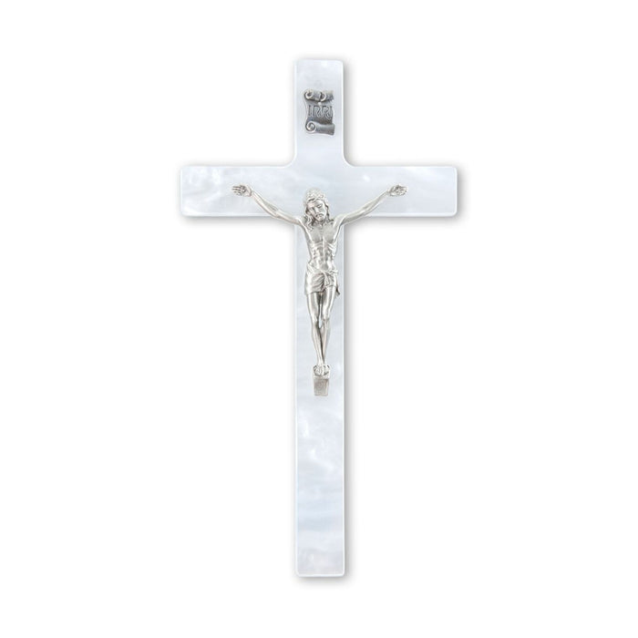 7" Pearlized White Cross with Fine Pewter Corpus