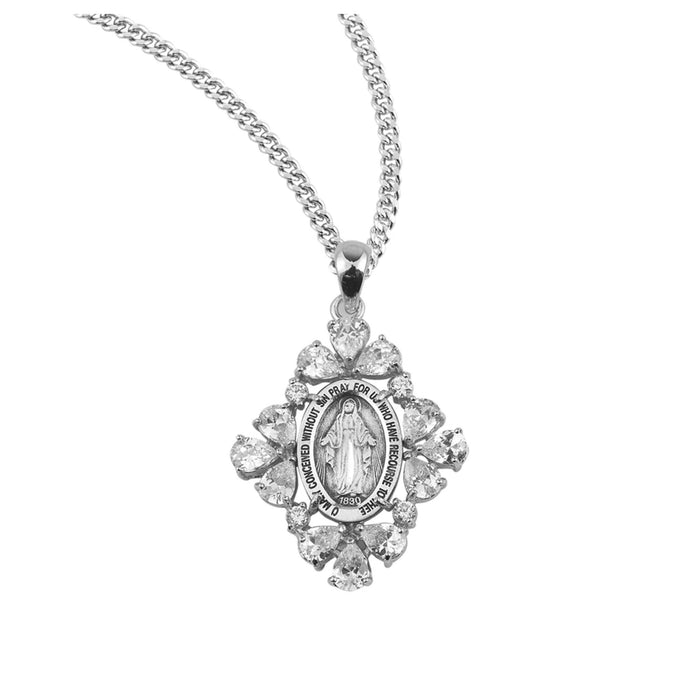 Miraculous Medal Sterling with 16 Large CZ Crystals on 24" Chain