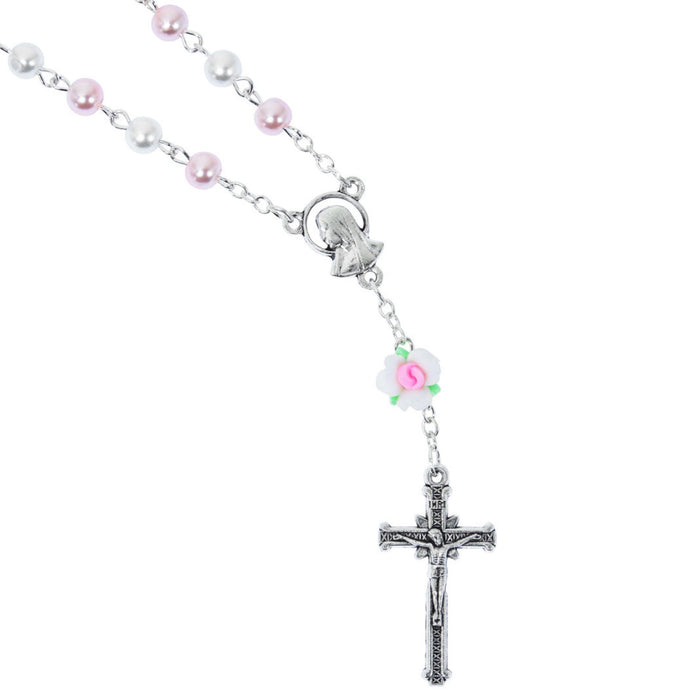 Auto Rosary White and Pink Pearls with Rose