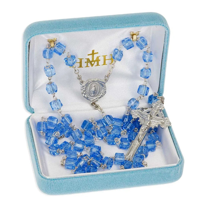 Rosary 8mm Czech Light Blue Crystal Cube Beads