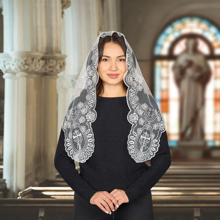 White Ornate Floral Chapel Veil