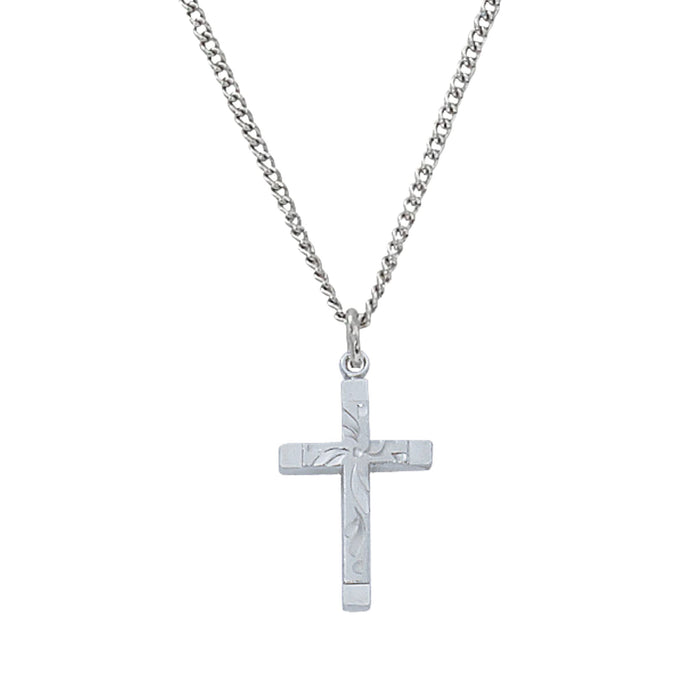 Cross with Engraved Swirls 0.75" Sterling Silver on 18" Chain