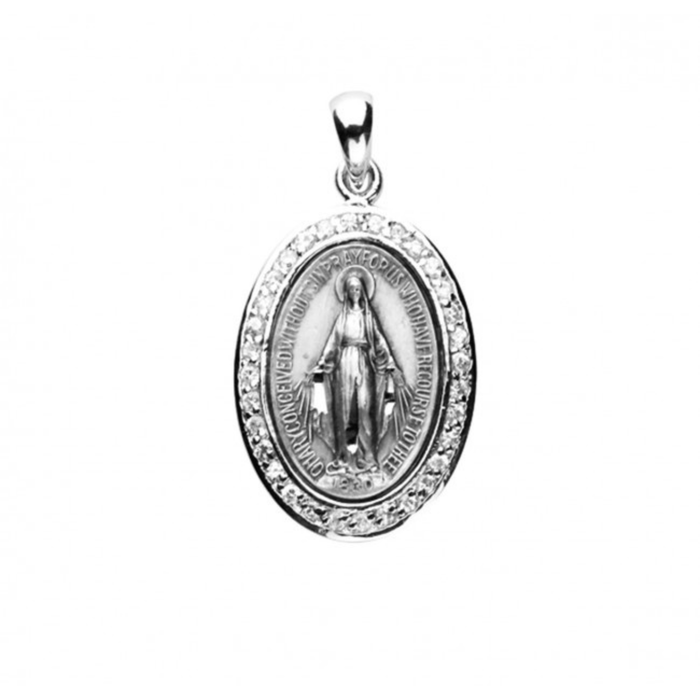 MIRACULOUS MEDAL - 15/16" CRYSTAL CZs ON ROUND SS - 18" CHAIN