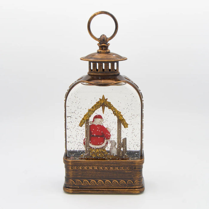 Kneeling Santa & Baby Jesus Lighted Swirl Lantern