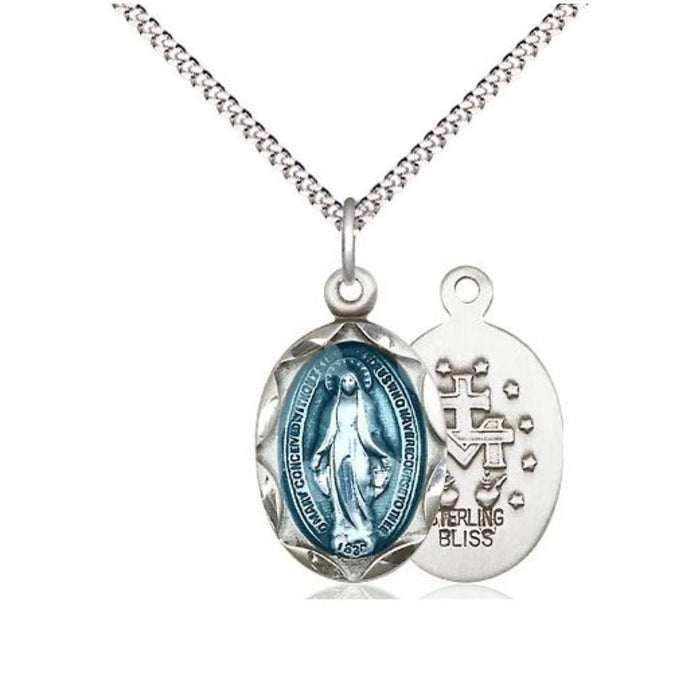 Miraculous Medal with Blue Enamel and Cut Edge Frame on 18" Chain
