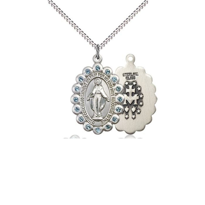 Miraculous Medal with Blue Crystal Frame on 18" Chain