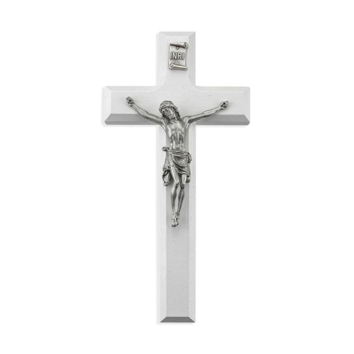 Crucifix 7" White Wood with Genuine Fine Pewter Corpus